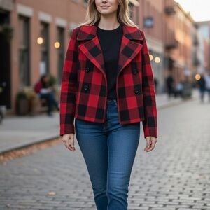 Gap Women’s Red & Black Plaid Wool Peacoat